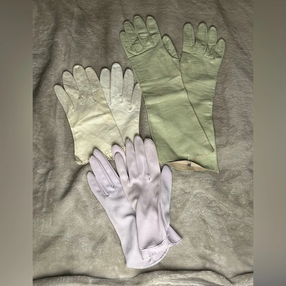 VTG Bundle 3 Pairs Mid-Century Gloves Leather & Nylon Pastel Green White Cream